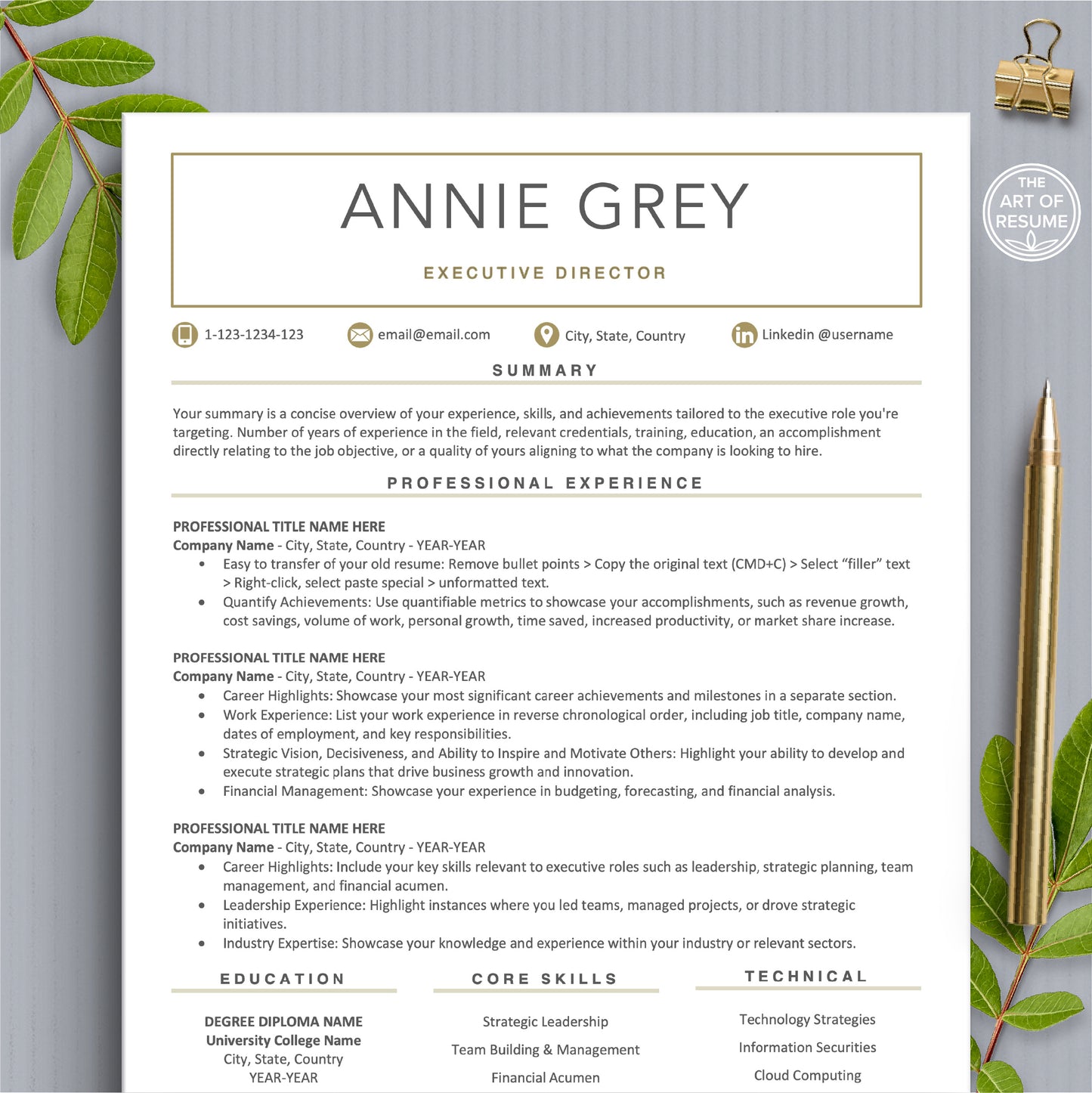 The Art of Resume Templates | Modern white and gold Resume CV Design Template Bundle
