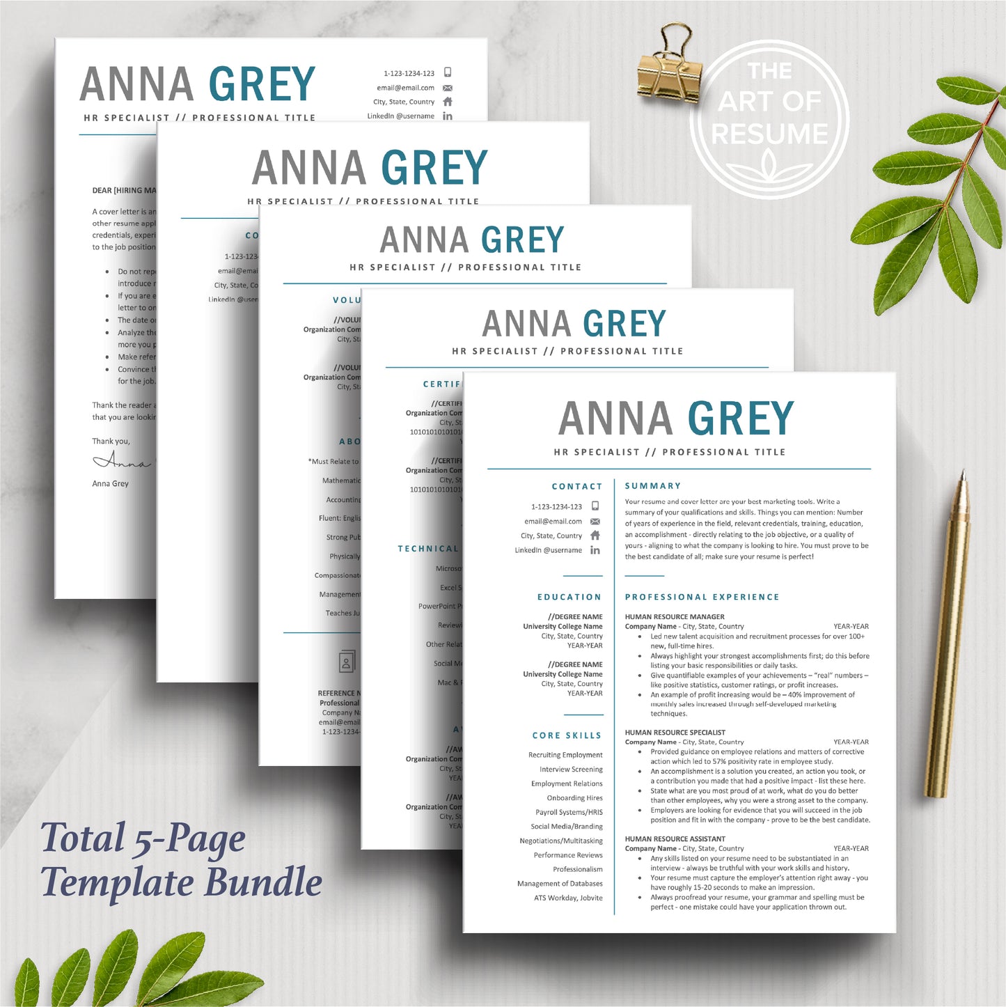 The Art of Resume Template Designs | 5 page resume template design for any career, blue and white curriculum vitae