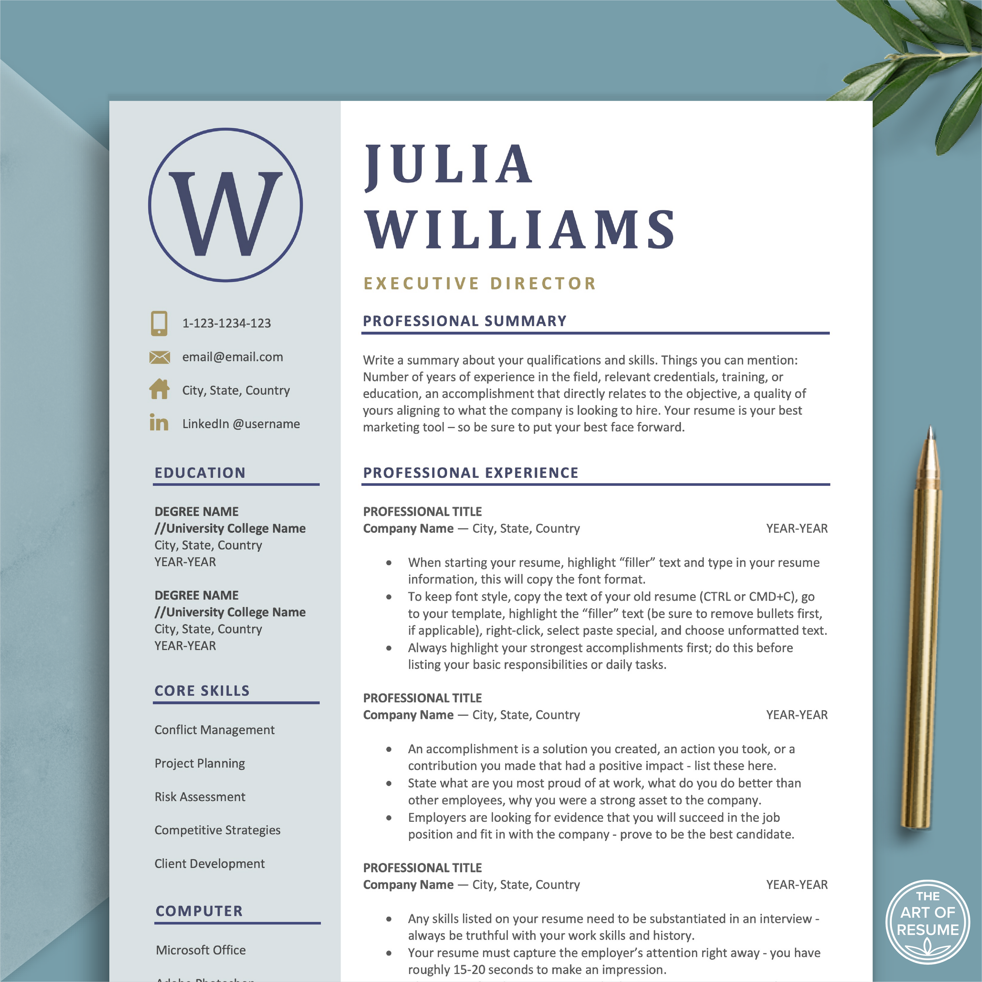 The Art of Resume Template | Blue Professional Executive Resume Template Design