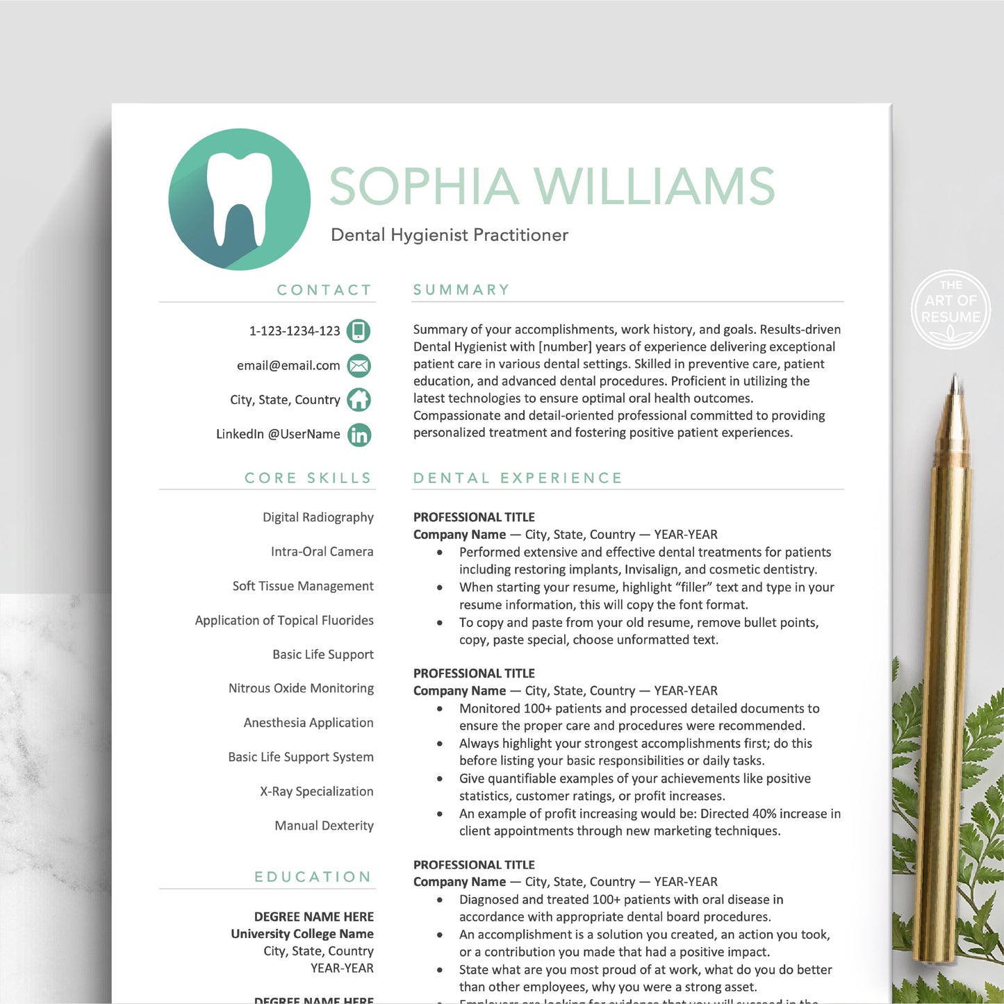 Dentist Resume Template | Hygienist Resume | Dental Assistant Resume - The Art of Resume