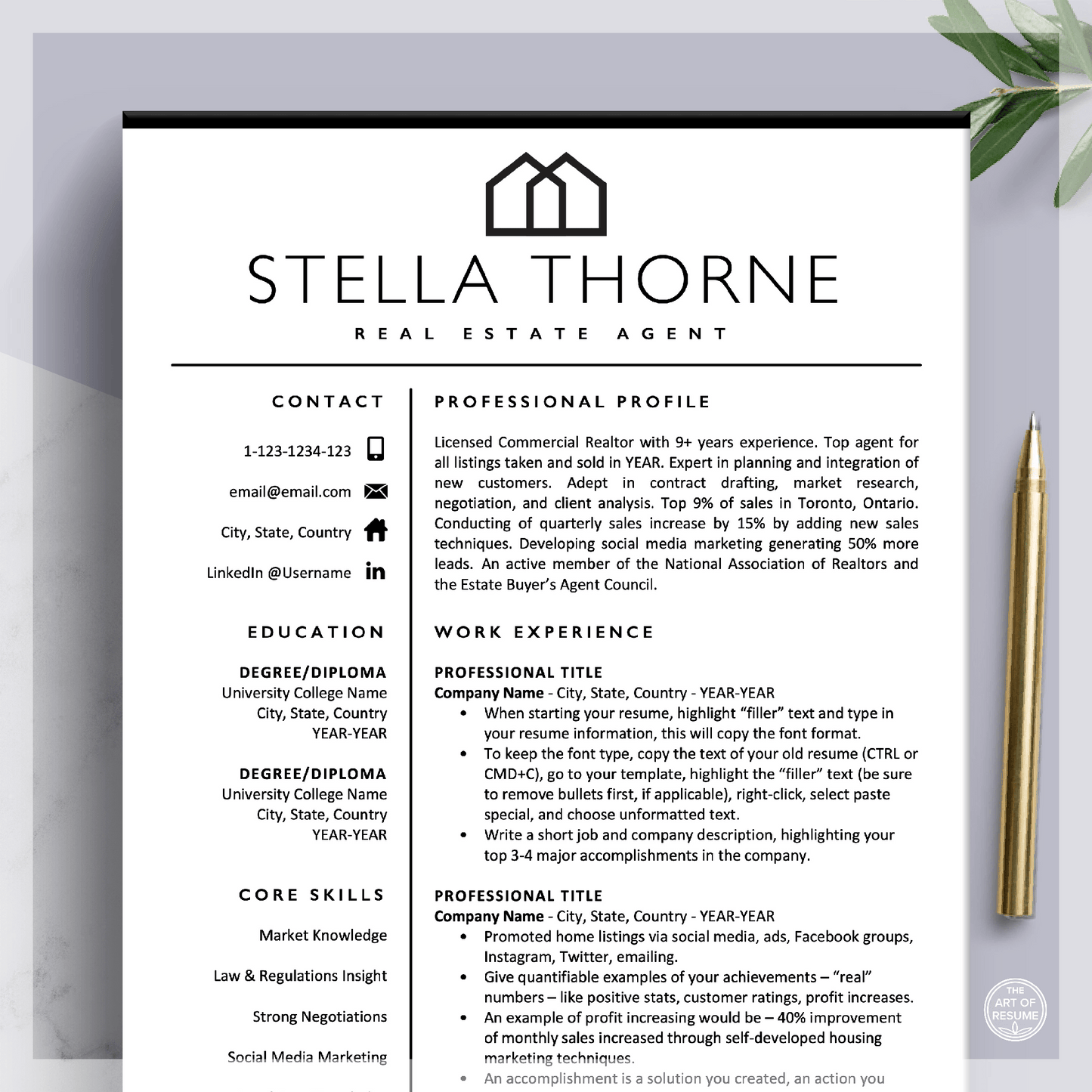 Realtor Resume CV Template | Real Estate Agent Resume | Cover Letter - The Art of Resume
