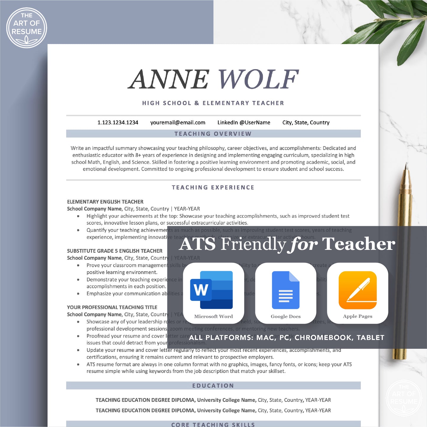 The Art of Resume Templates | Professional ATS friendly teacher Resume CV Design Template Bundle