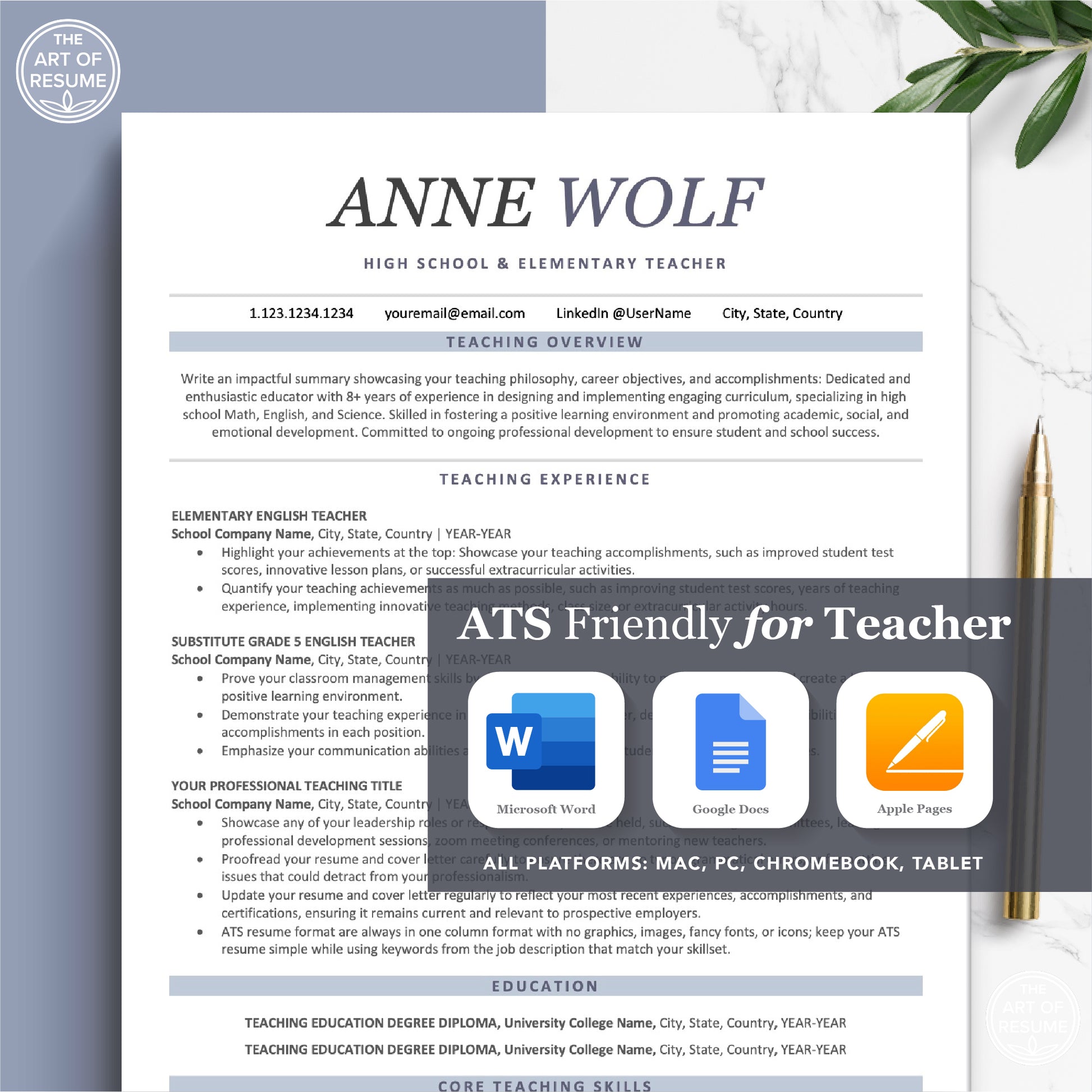 The Art of Resume Templates | Professional ATS friendly teacher Resume CV Design Template Bundle