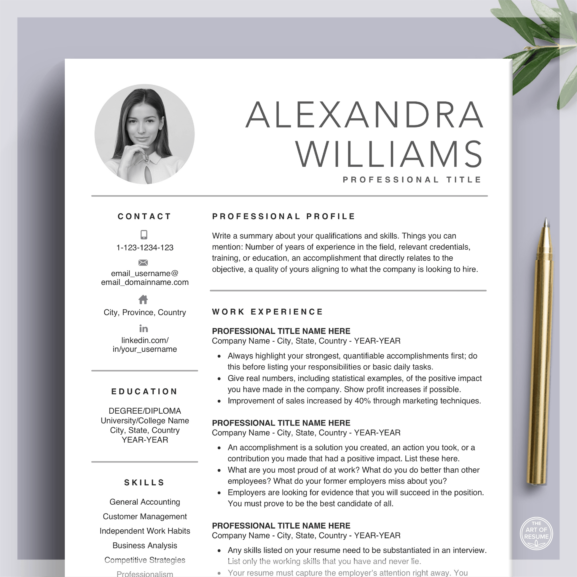 Professional Resume Template Design with Headshot Photo Insert - The Art of Resume