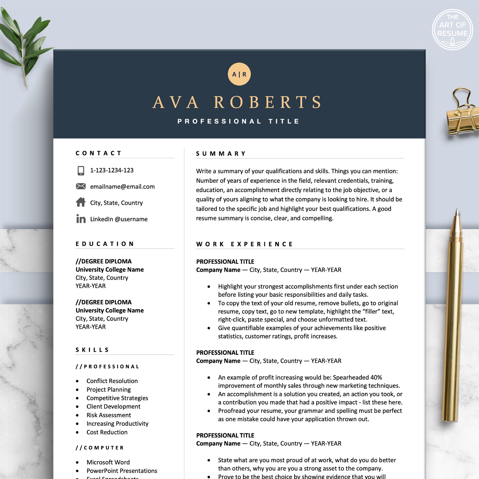 The Art of Resume Templates | Professional  Navy Blue Resume CV Template Includes 3 Editable Resume Templates, Cover Letter, Reference Page, Mac, PC, A4 Paper, US size, Free Guide, The Art of Resume Writing, 250 Bonus Resume Icons