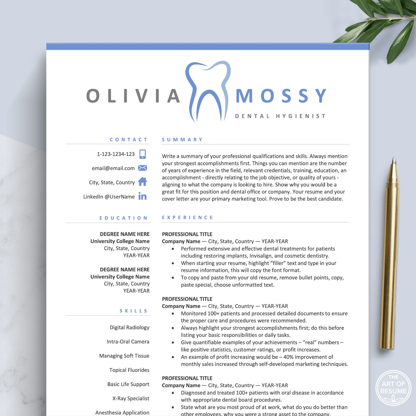 Hygienist Resume Template | Dentist Resume | Dental Resume CV - The Art of Resume
