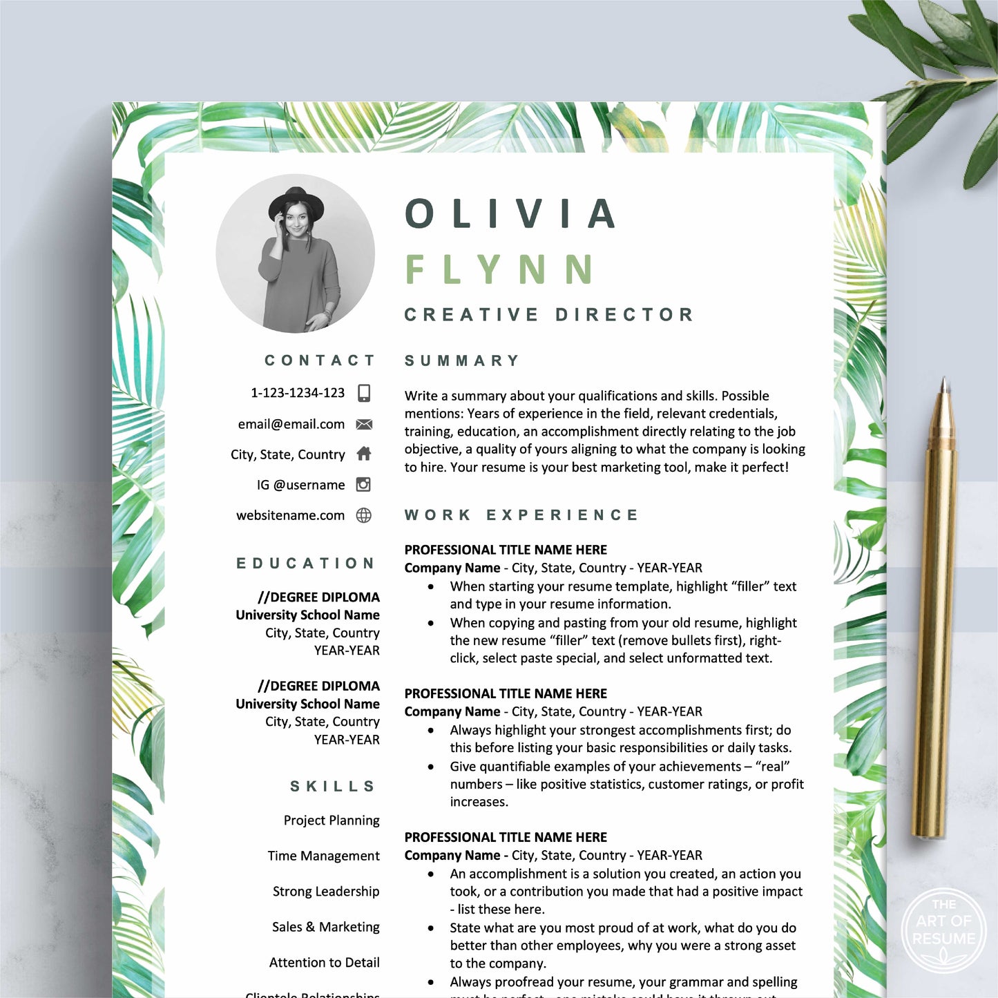 The Art of Resume Templates | Creative Tropical Green Resume CV Design Template Maker, Download for Apple Pages and Microsoft Word, Mac and PC Resume CV Template | Curriculum Vitae for Apple Pages, Microsoft Word, Mac, PC
