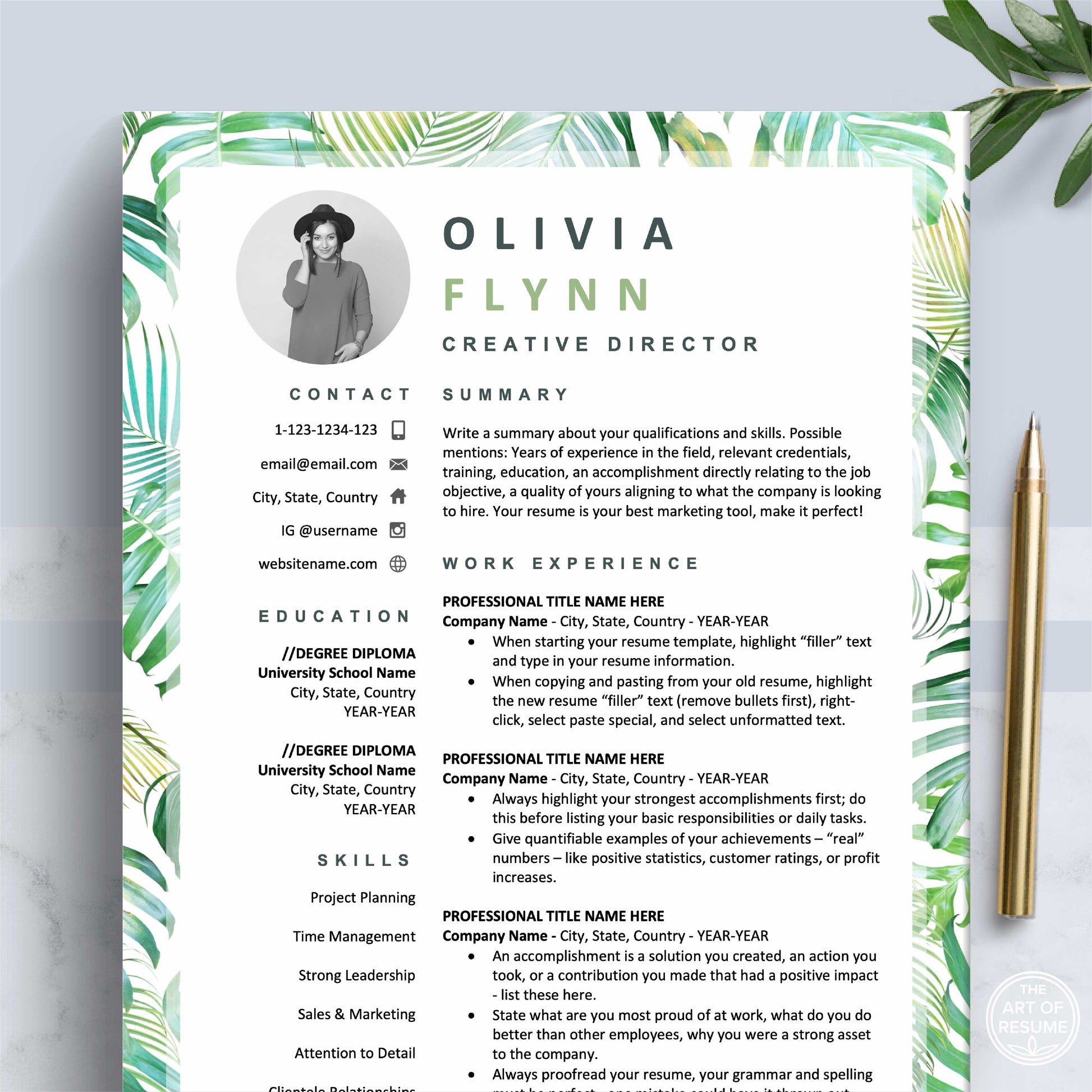 The Art of Resume Templates | Creative Tropical Green Resume CV Design Template Maker, Download for Apple Pages and Microsoft Word, Mac and PC Resume CV Template | Curriculum Vitae for Apple Pages, Microsoft Word, Mac, PC