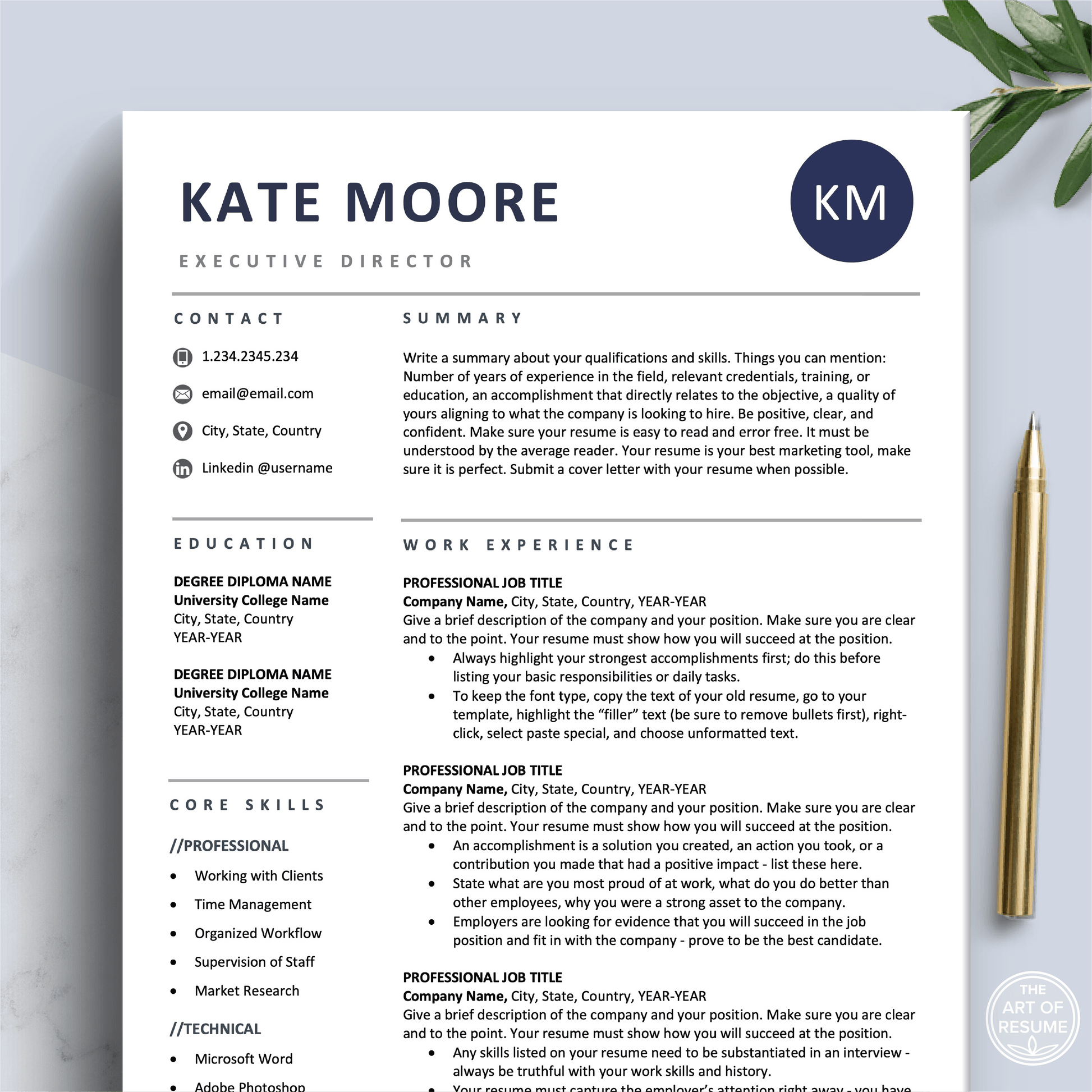 Professional Resume Template | Navy Blue CV Template Design - The Art of Resume