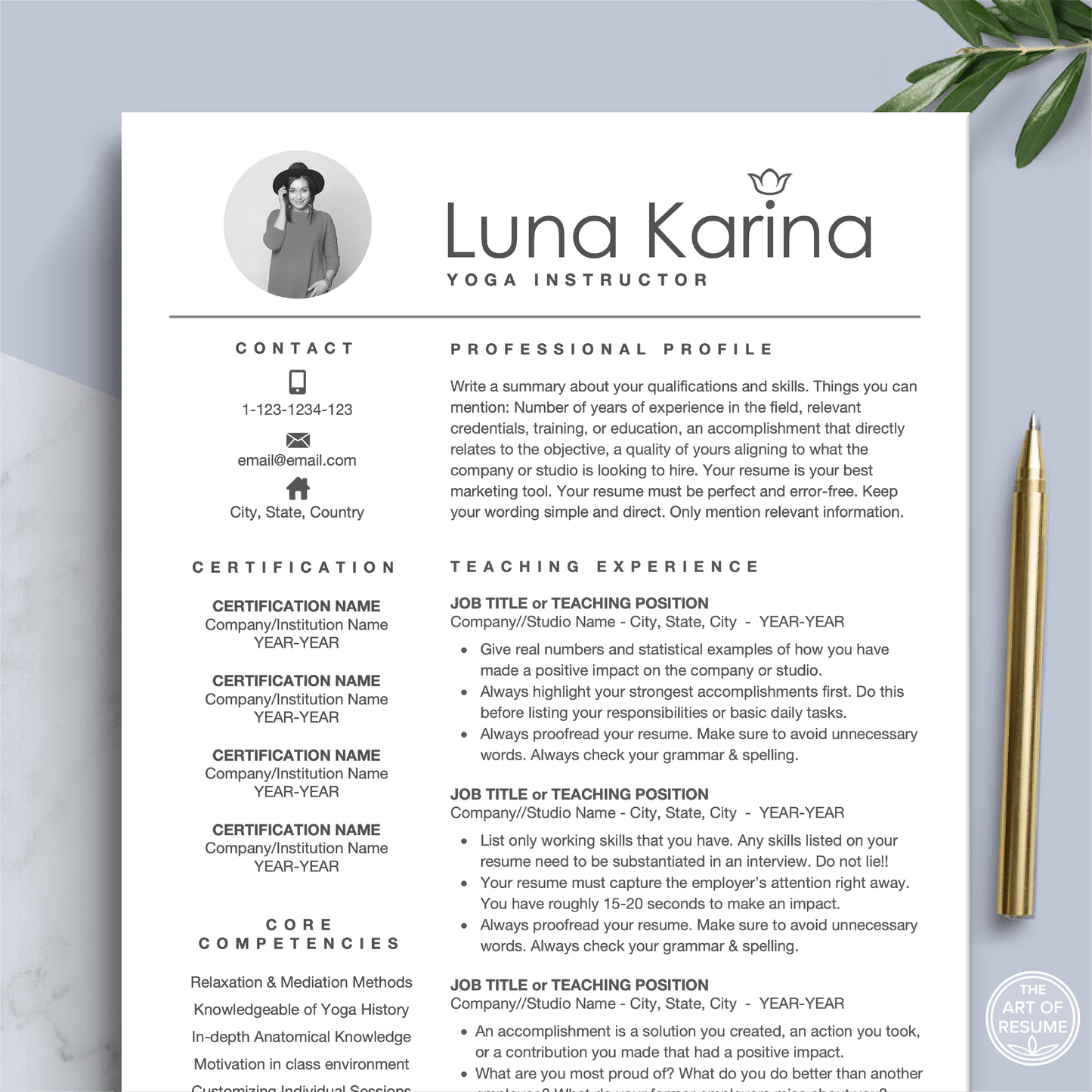 The Art of Resume Templates | Professional Yoga, Fitness, Wellness, Designer Resume CV Template | Curriculum Vitae for Apple Pages, Microsoft Word, Mac, PC