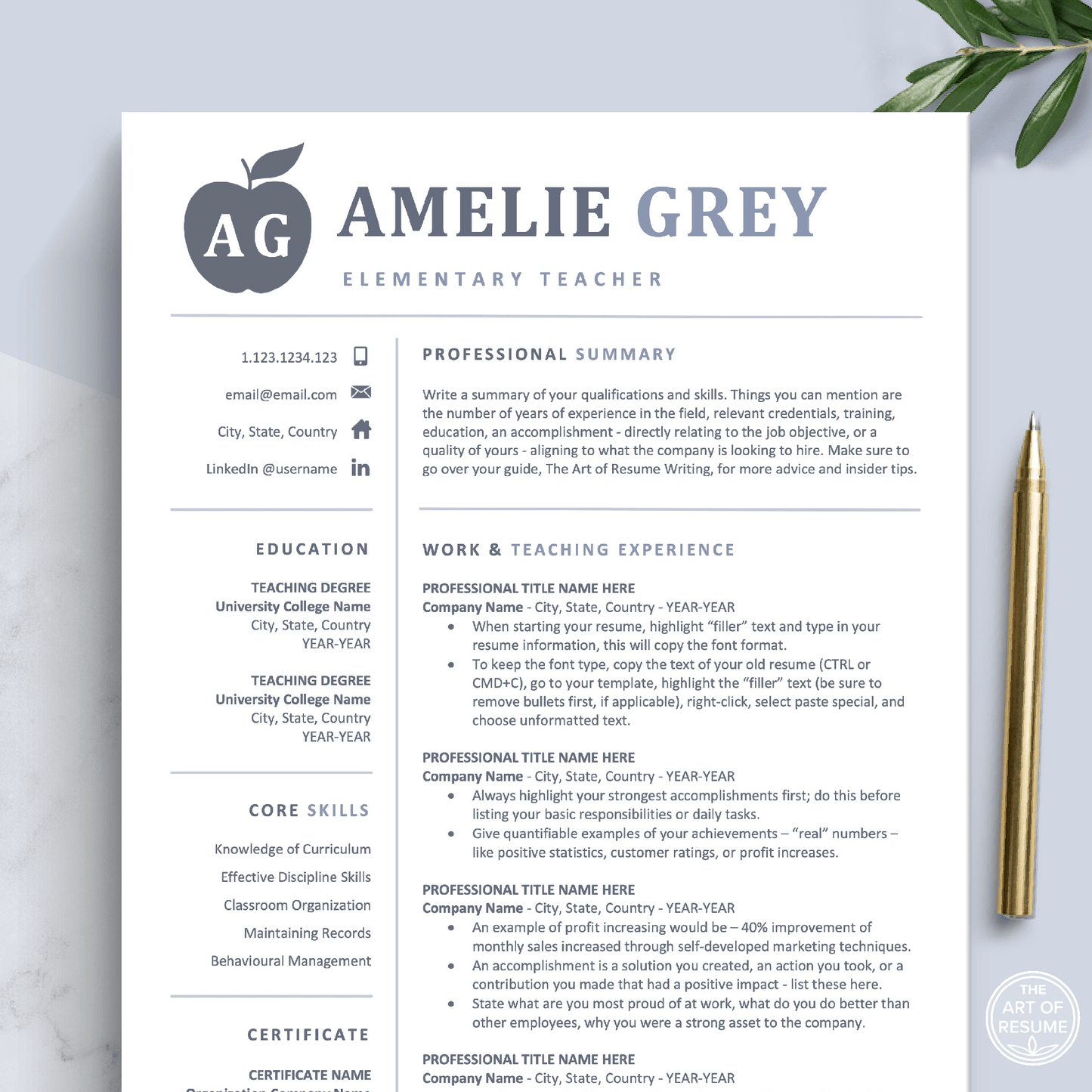 The Art of Resume Templates | Professional Teacher Blue Grey Resume CV Template | Curriculum Vitae for Apple Pages, Microsoft Word, Mac, PC
