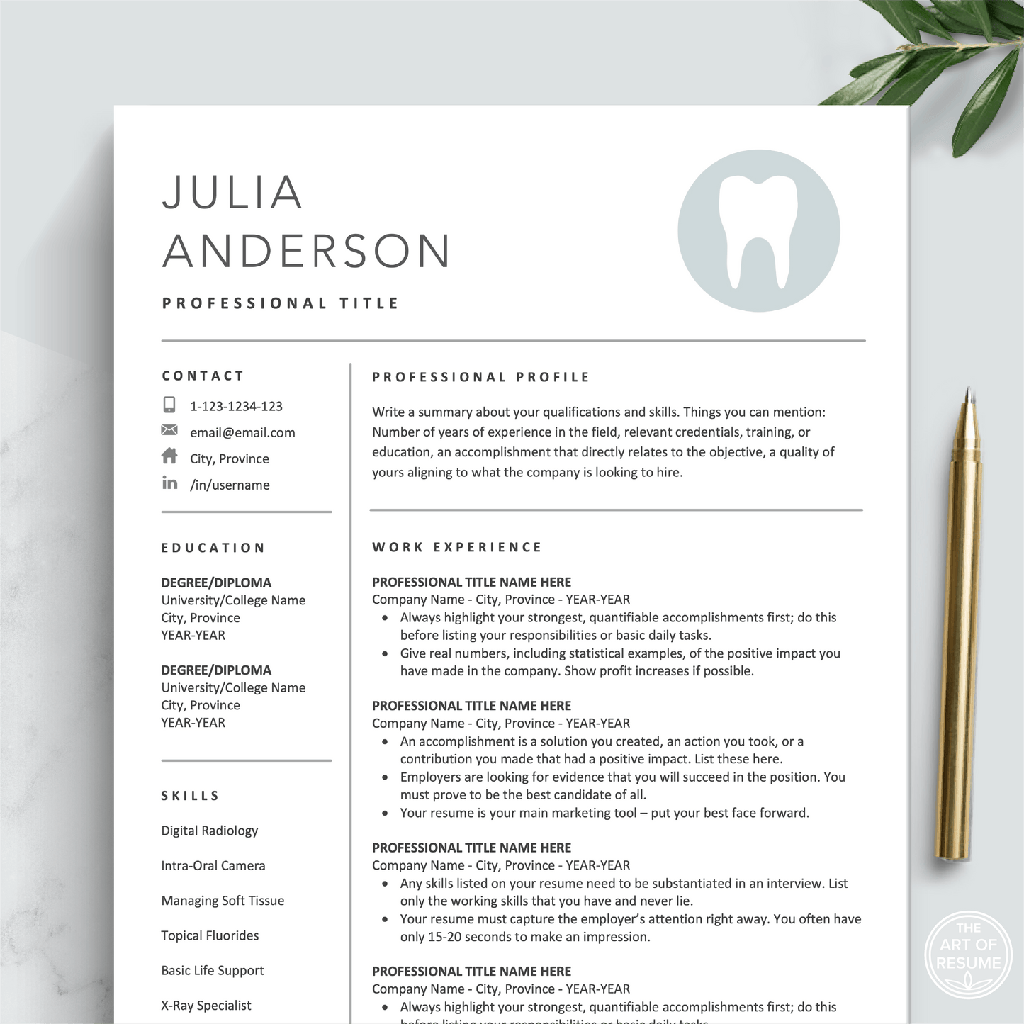 The Art of Resume Templates | Dentist, Hygienist, Dental Student, Assistant Resume CV Design Template Maker, Download for Apple Pages and Microsoft Word, Mac and PC Resume CV Template | Curriculum Vitae for Apple Pages, Microsoft Word, Mac, PC