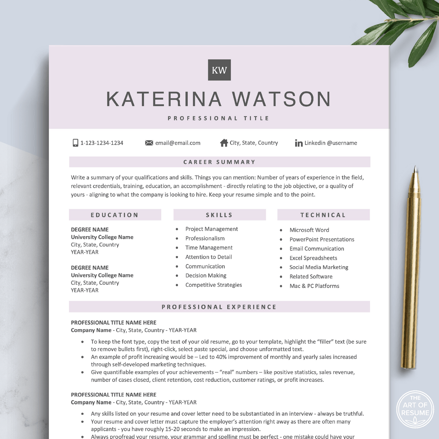 The Art of Resume Templates | Professional Rose Pink Resume CV Template | Curriculum Vitae for Apple Pages, Microsoft Word, Mac, PC