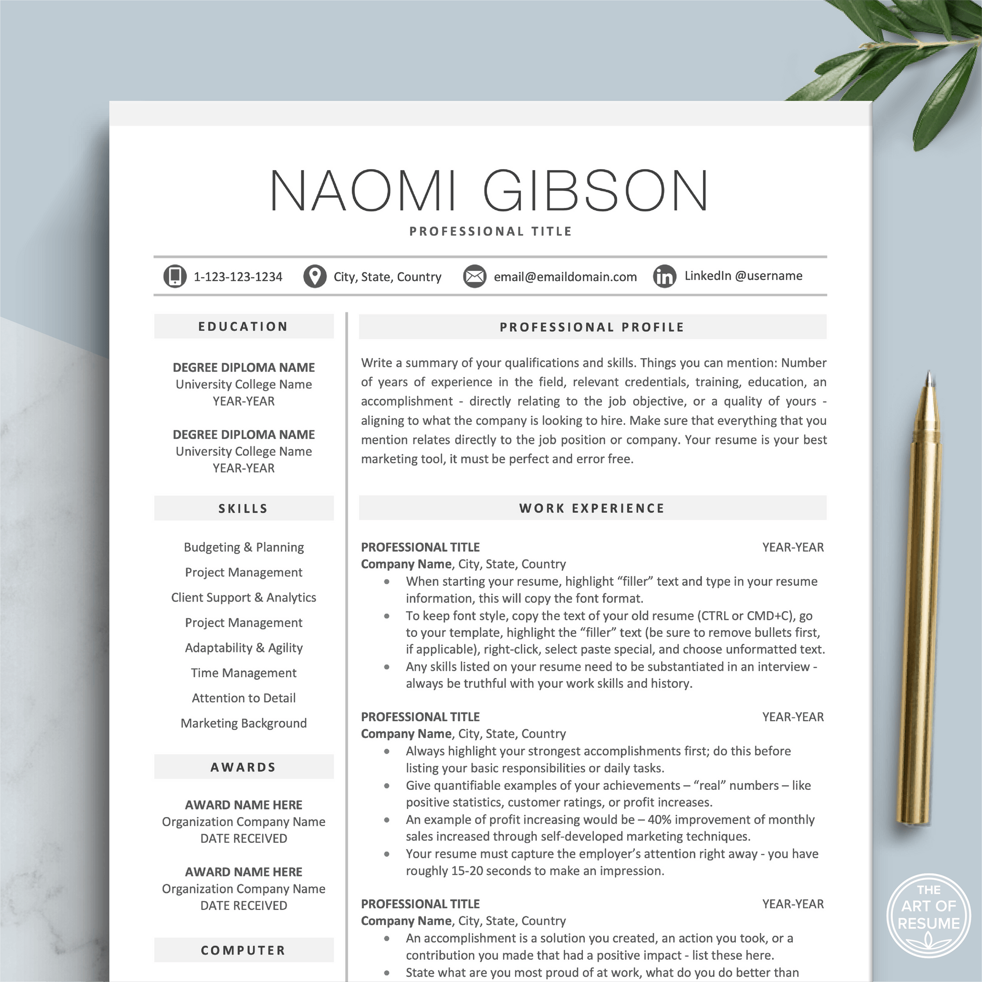 The Art of Resume Templates |  Professional Minimalist Simple Resume CV Template | Curriculum Vitae for Apple Pages, Microsoft Word, Mac, PC