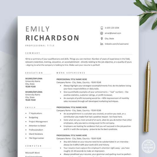 Simple Resume Template | Modern Curriculum Vitae | Executive CV Template - The Art of Resume