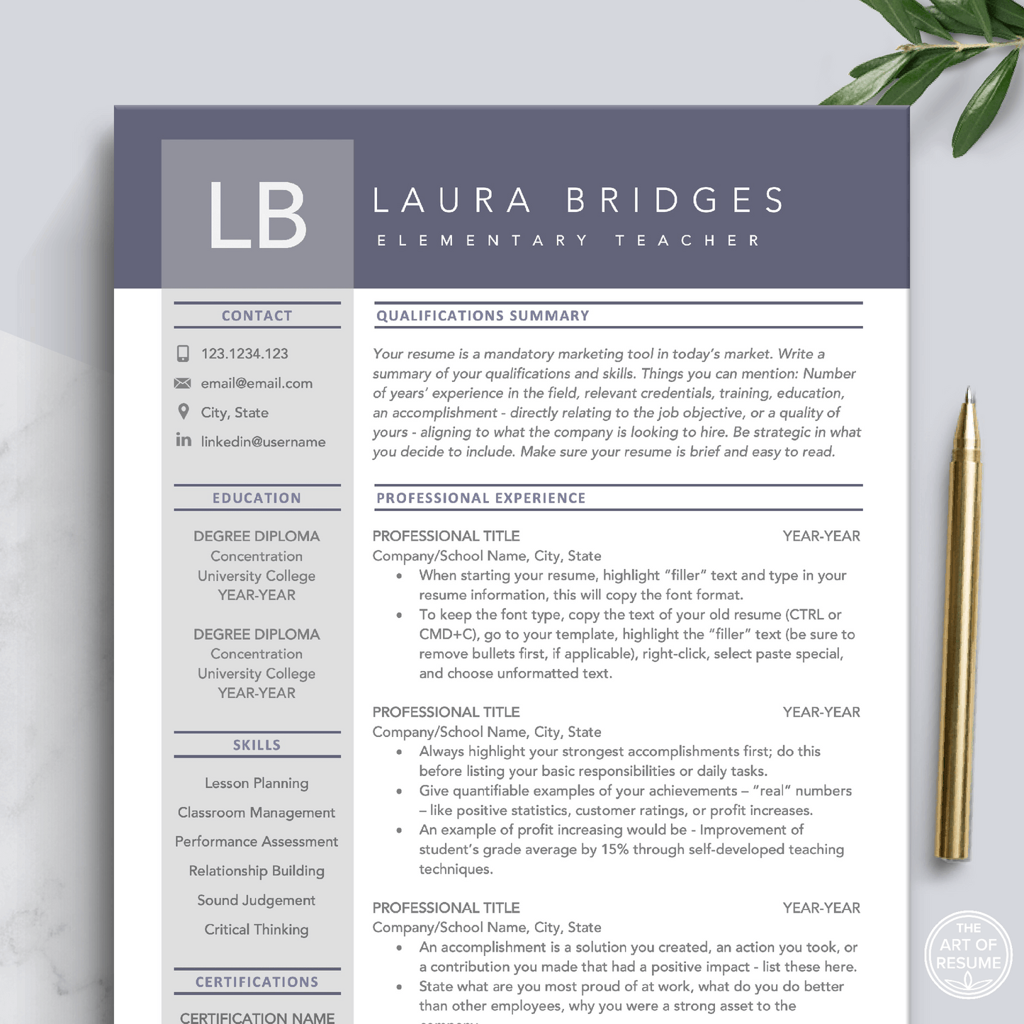 The Art of Resume Templates | Professional Purple Resume CV Template | Curriculum Vitae for Apple Pages, Microsoft Word, Mac, PC