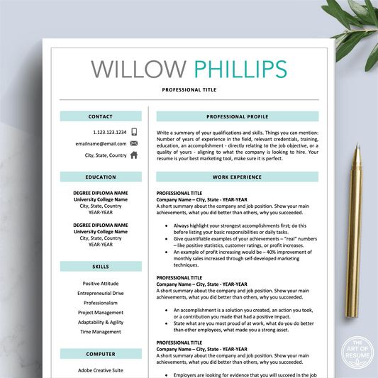 Modern Resume CV | Creative Teal Blue Resume Download - The Art of Resume