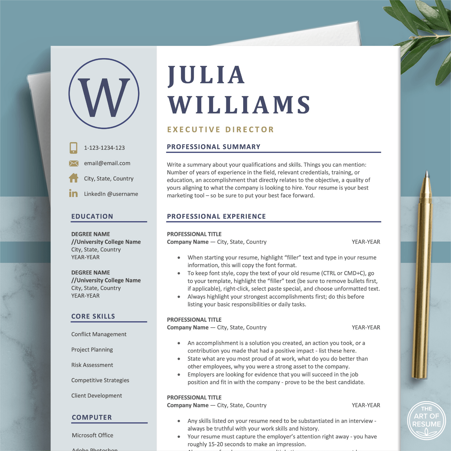 The Art of Resume Templates | Professional Blue Resume CV Design Template Builder Bundle Download | Curriculum Vitae