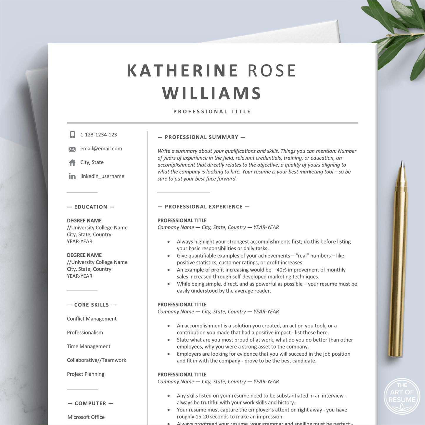 Professional Resume Design | Executive Resume Format | Free Cover Letter - The Art of Resume