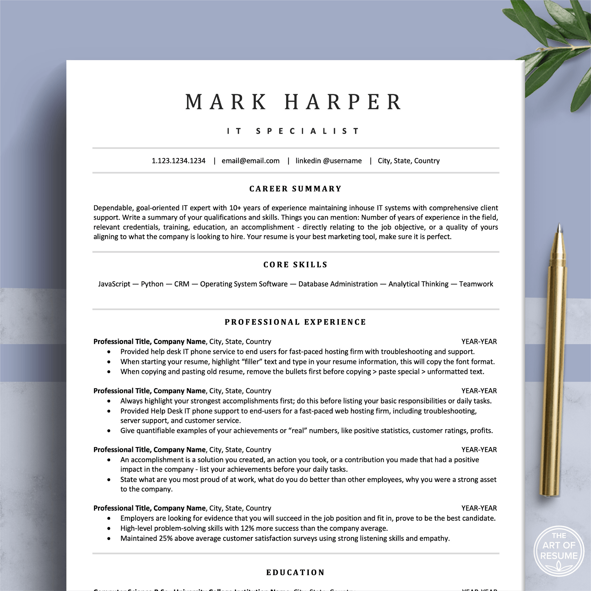 ATS Resume Template Builder | IT Resume with Cover Letter (Executive) - The Art of Resume
