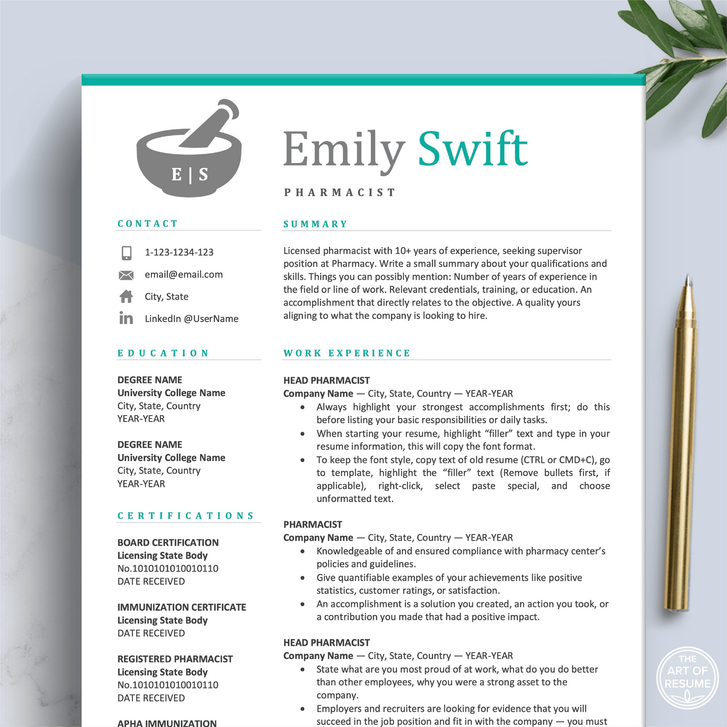 Pharmacist Resume | Pharmacy Template | Medical Physician CV Cover Letter - The Art of Resume