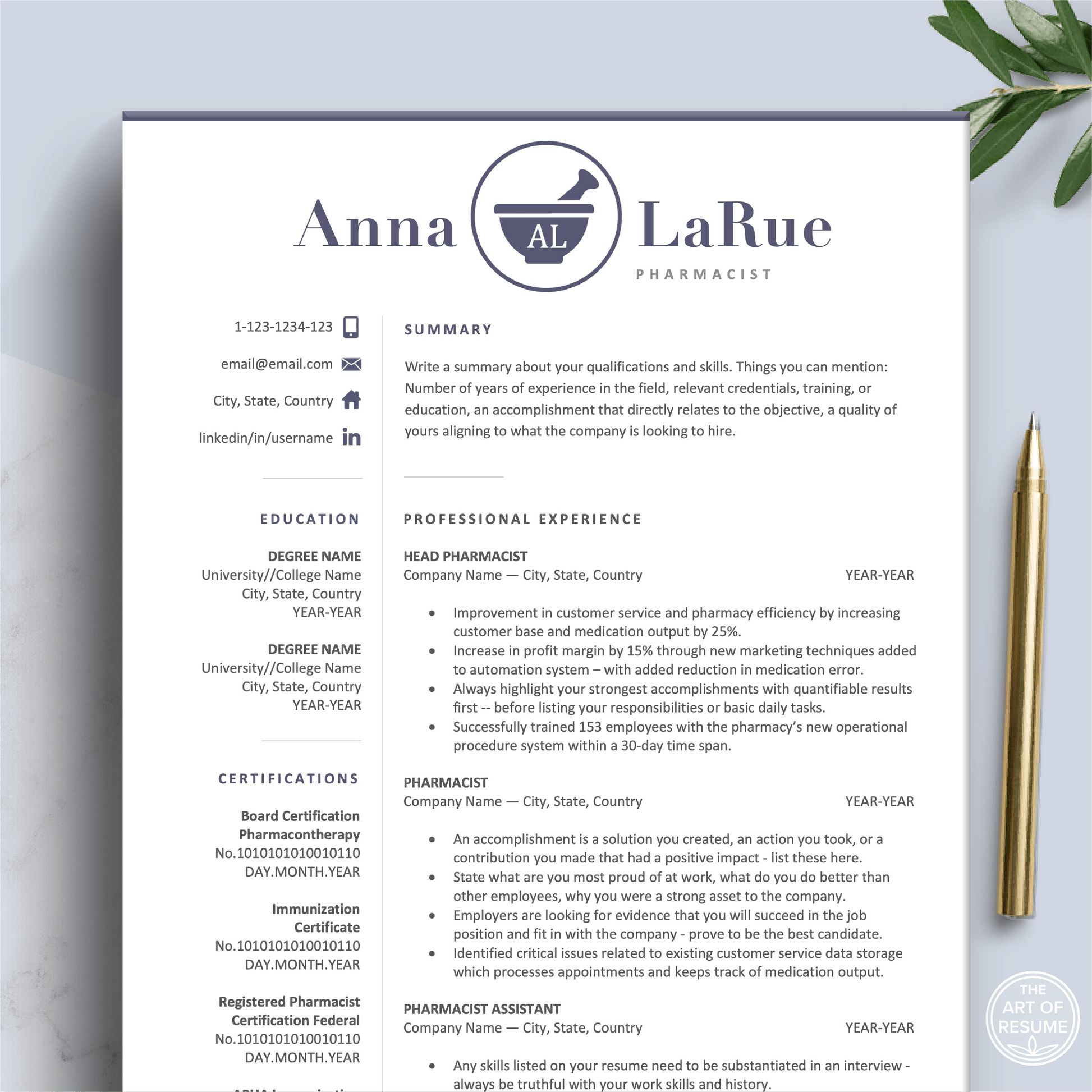 Pharmacist Resume Design | Pharmacy CV Template | Cover Letter - The Art of Resume