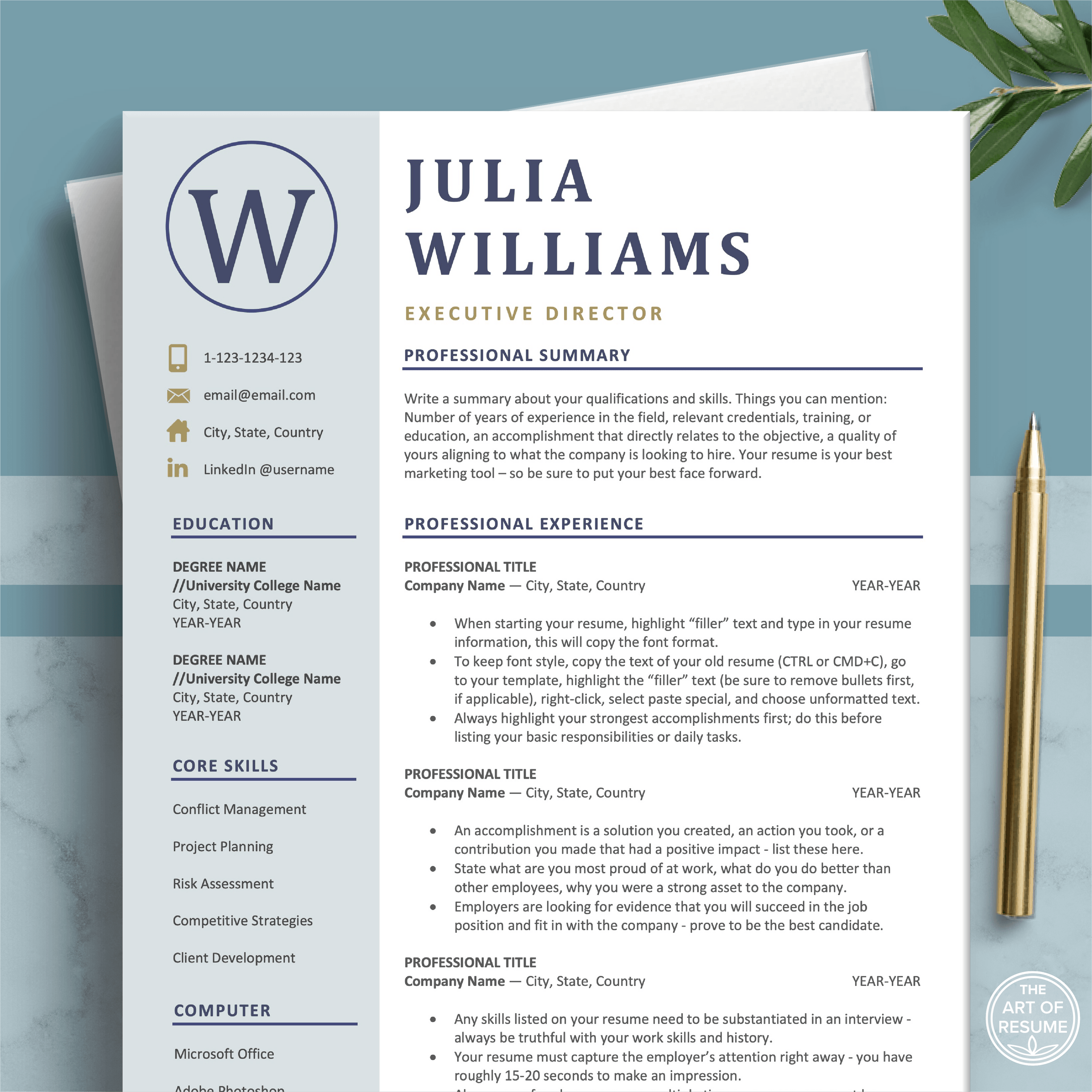 The Art of Resume Template | Blue Professional Executive Resume Template Design
