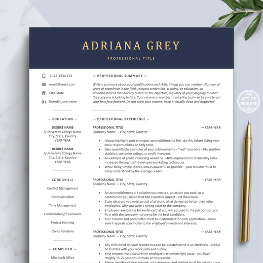 The Art of Resume Templates | Professional Modern Navy Blue Resume CV Design Template Builder Maker | Curriculum Vitae