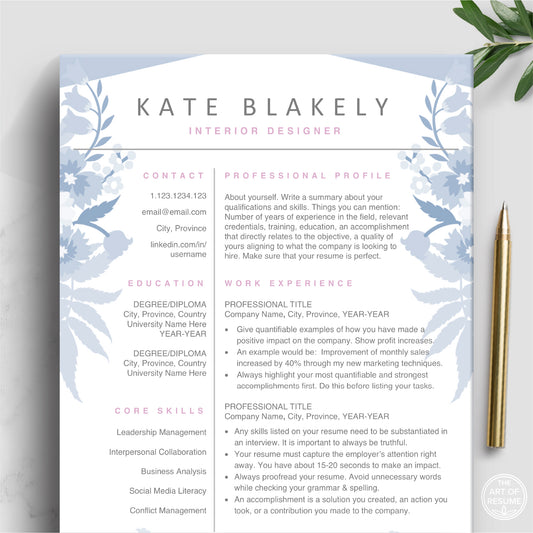 The Art of Resume | Blue Floral Resume Template Design