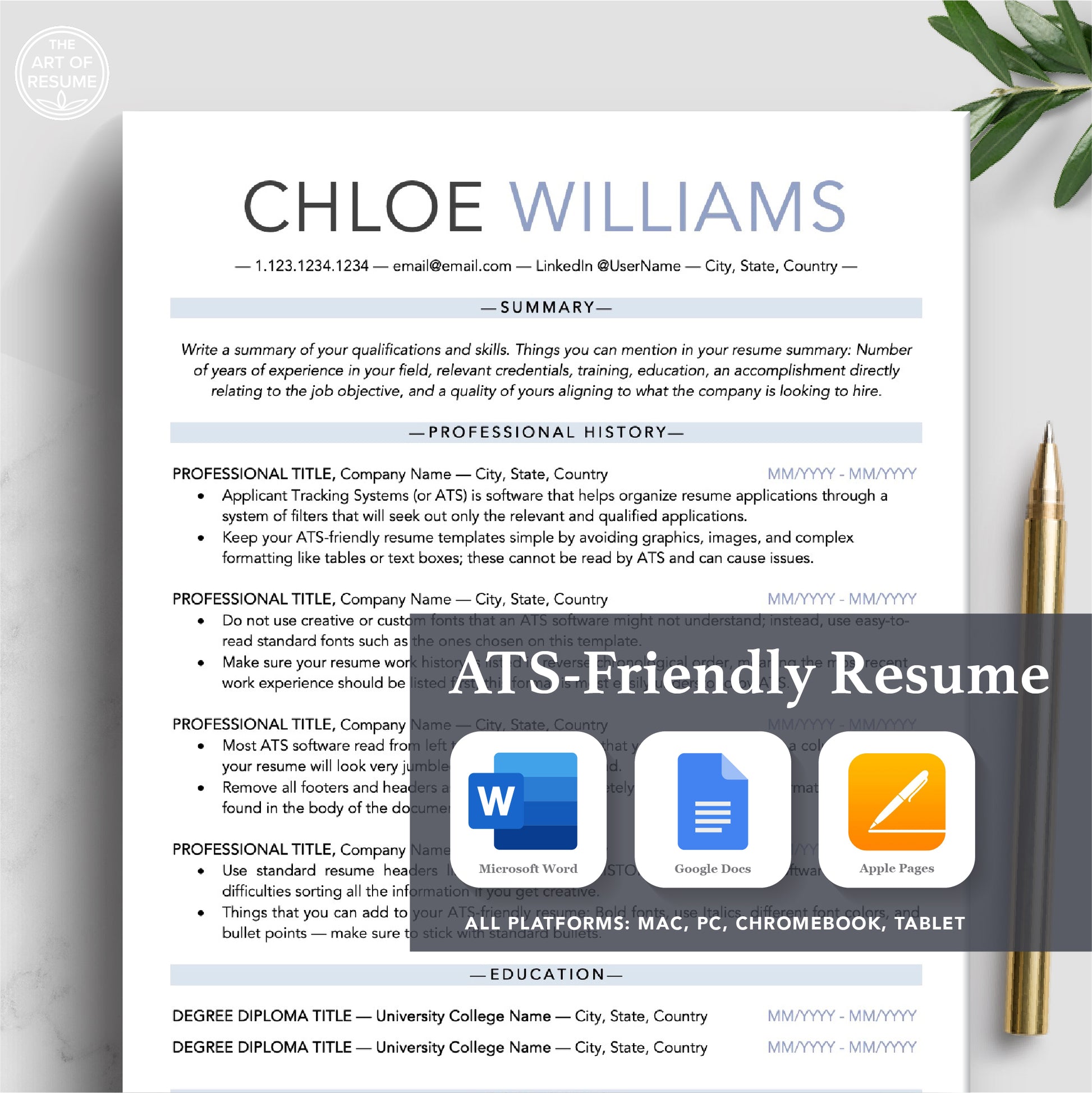 The Art of Resume Templates | One Page ATS-Friendly Resume CV Design Template Maker | Curriculum Vitae
