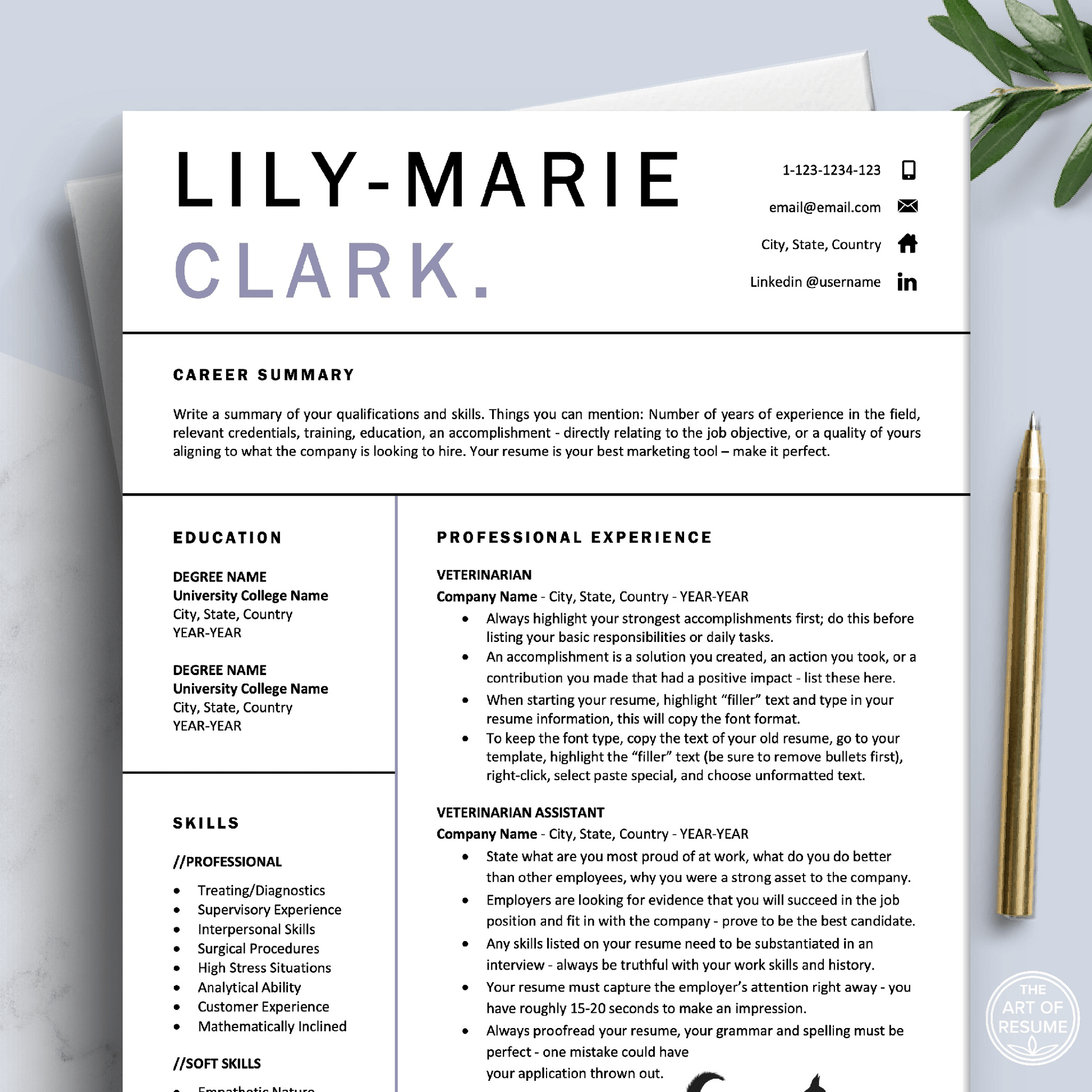Veterinarian Resume Template | Vet Student | Animal Caretaker Resume - The Art of Resume