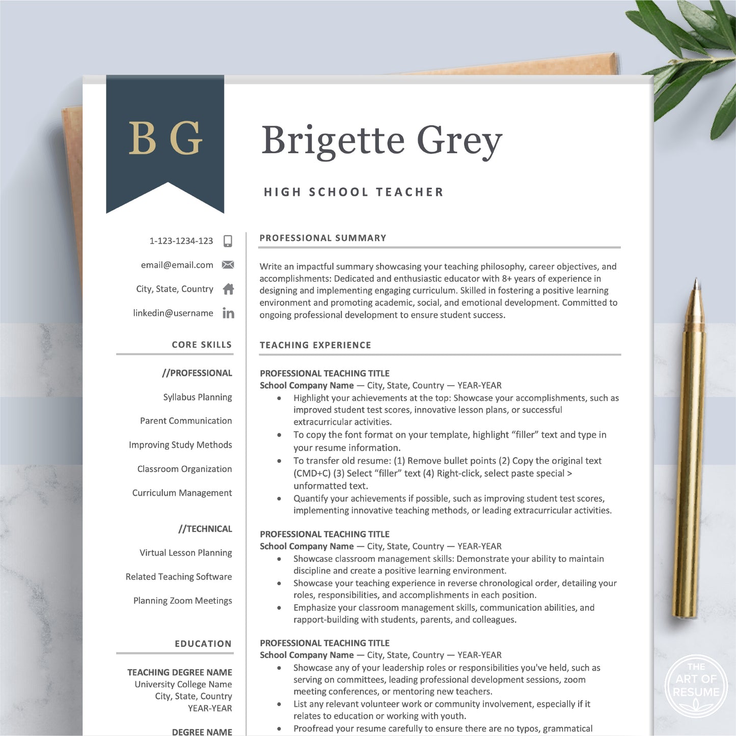 The Art of Resume Professional Navy Blue Teacher Resume Template Bundle