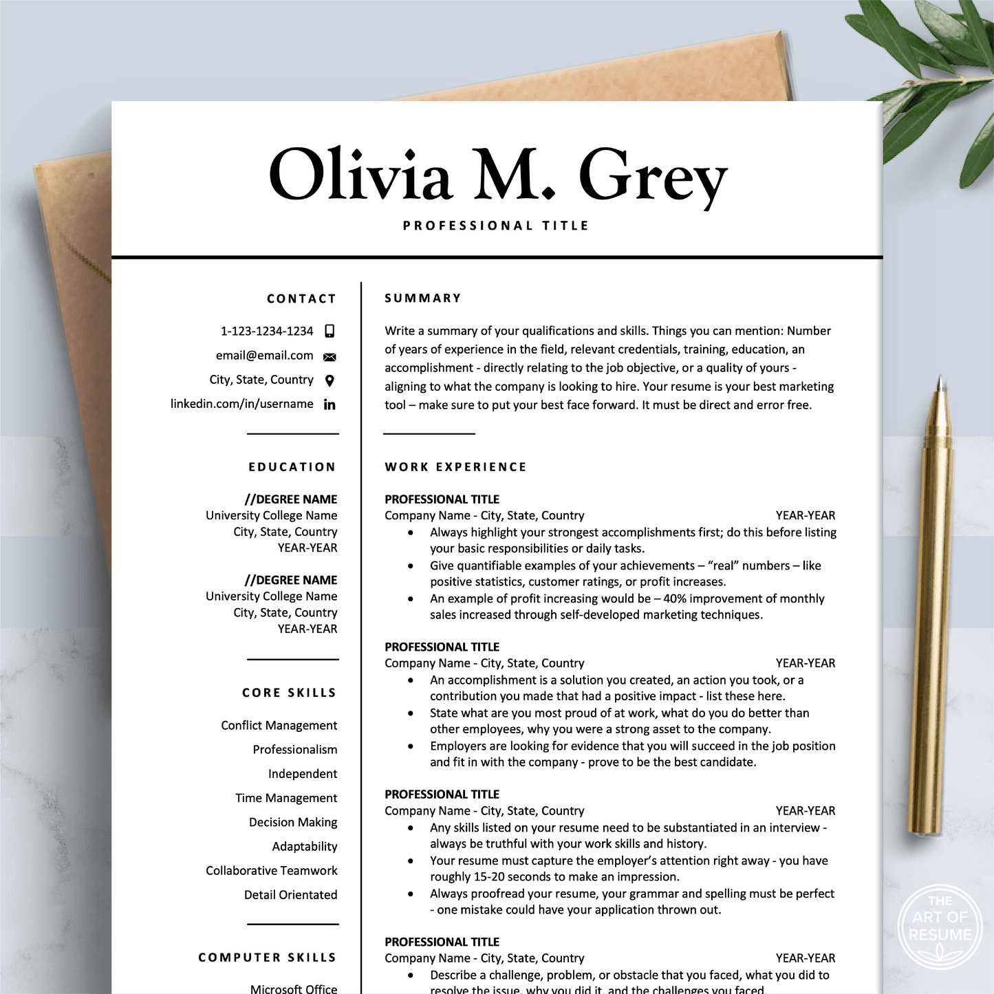 Professional Resume Design | Modern CV Printable | Resume Writing Guide - The Art of Resume
