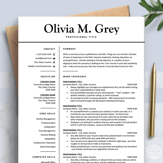 Professional Resume Design | Modern CV Printable | Resume Writing Guide - The Art of Resume