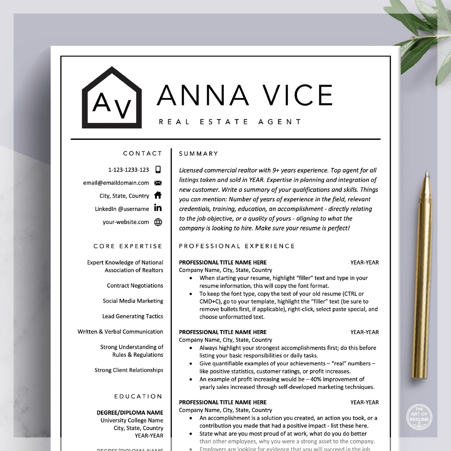 Real Estate Agent Resume Template | Realtor CV Design - The Art of Resume