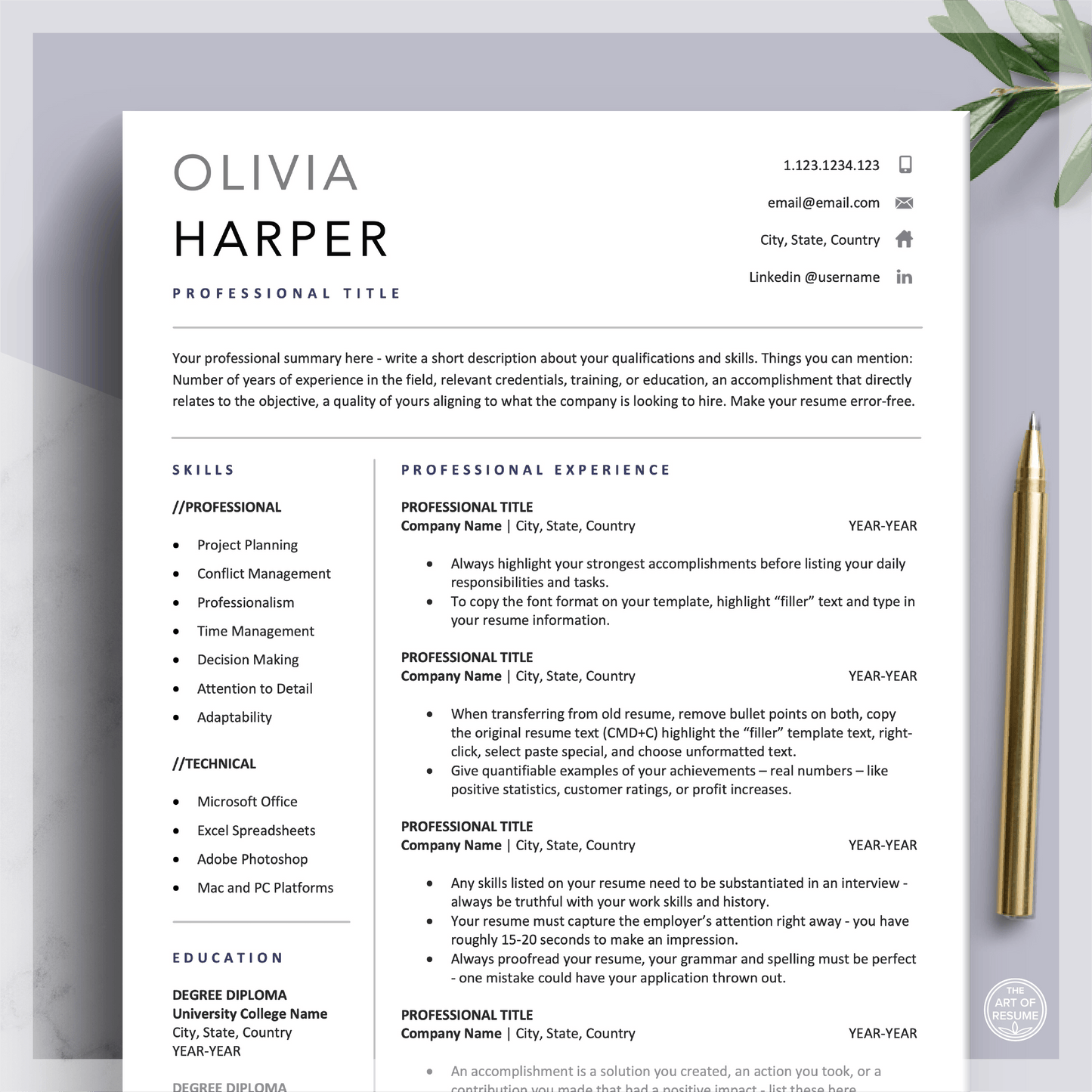 Executive Resume Template | Simple Professional CV Template | Free Cover Letter - The Art of Resume