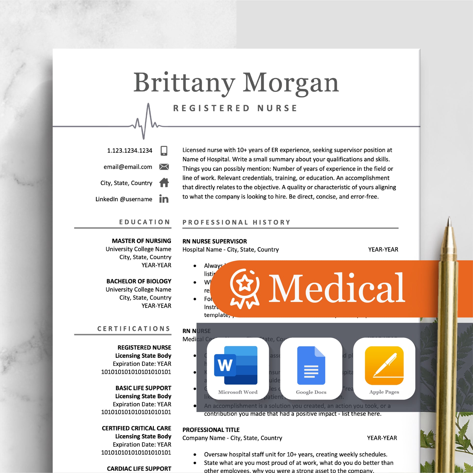 The Art of Resume, Modern Medical Nurse  Doctor Resume CV Template for RN Nurse, Resident Student, Medical Assistant, Physician with Cover Letter, Reference Page, Social Media Icons