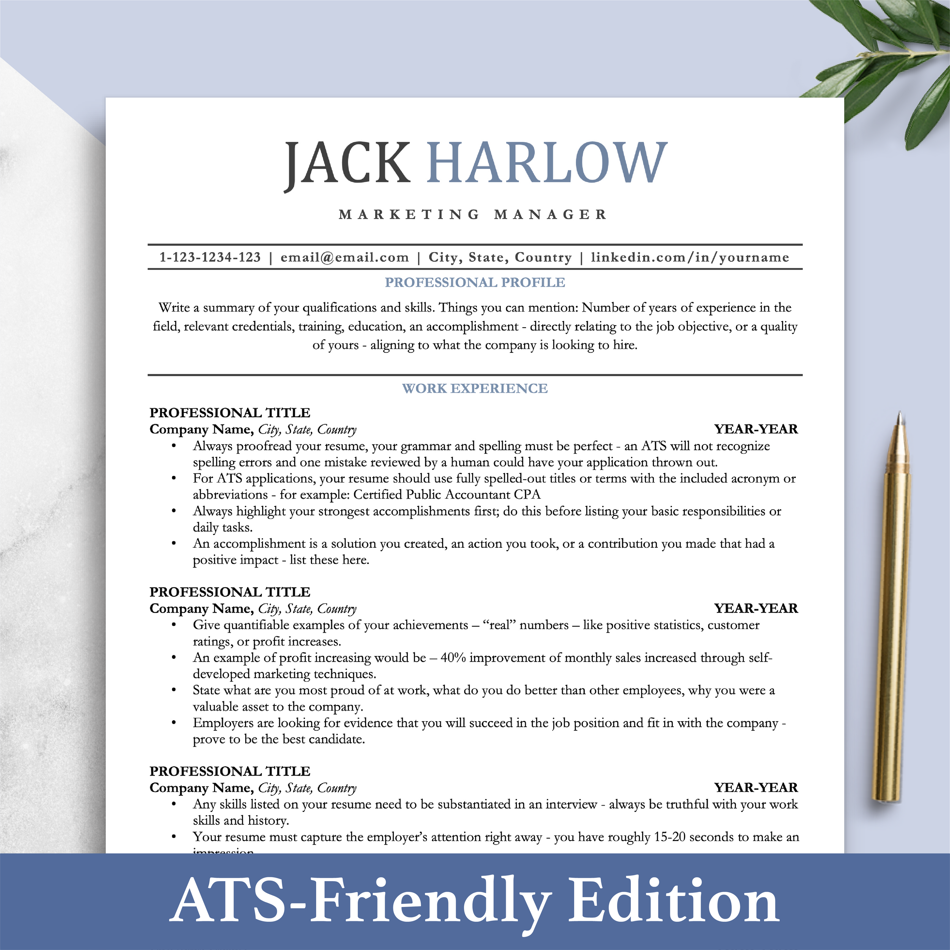 The Art of Resume Template | Blue ATS friendly resume cv template design