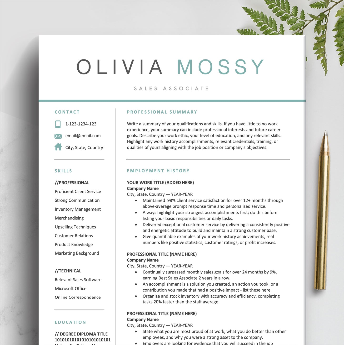 The Art of Resume | Teal Blue Resume Template Design Bundle Download
