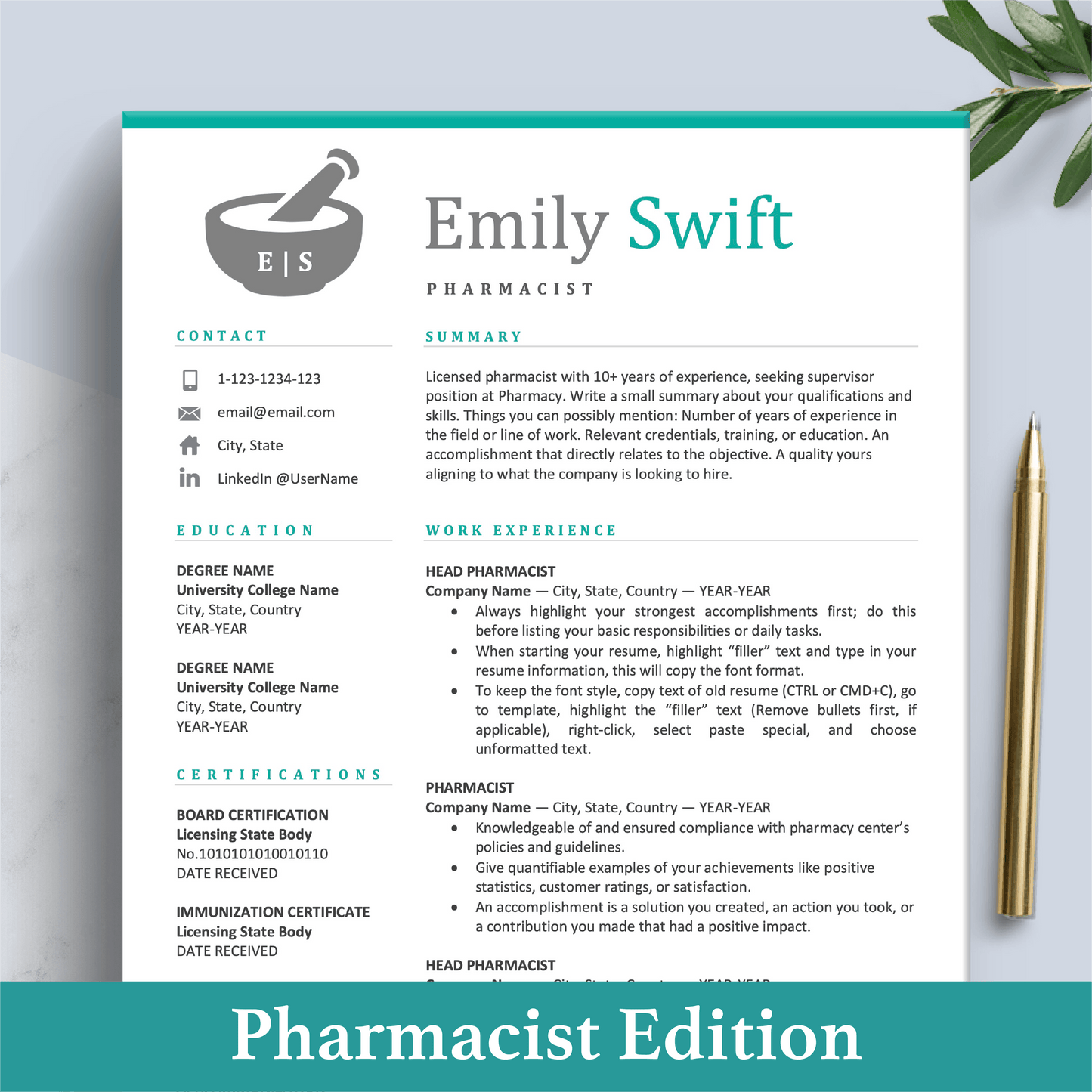 Pharmacist Resume | Pharmacy Template | Medical Physician CV Cover Letter - The Art of Resume