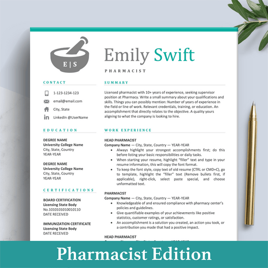 Pharmacist Resume | Pharmacy Template |  Medical Physician CV Cover Letter - The Art of Resume