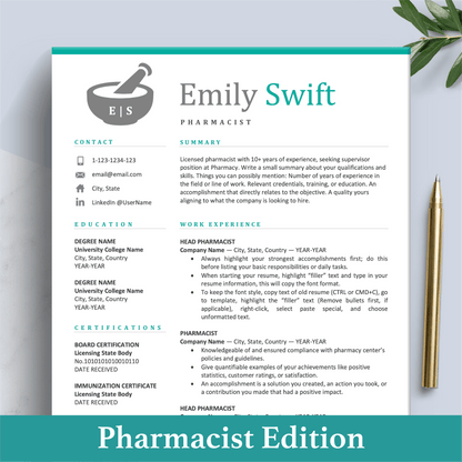 Pharmacist Resume | Pharmacy Template |  Medical Physician CV Cover Letter - The Art of Resume