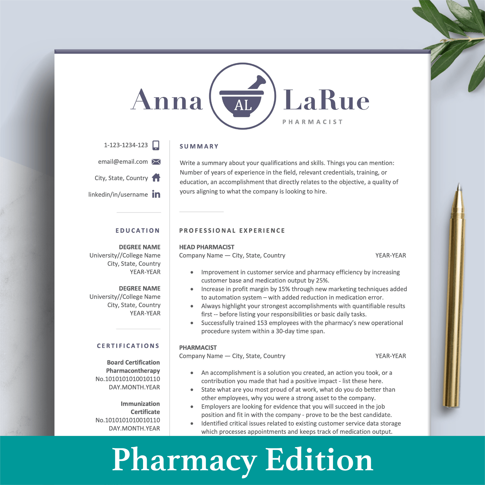 Pharmacist Resume Design | Pharmacy CV Template | Cover Letter - The Art of Resume