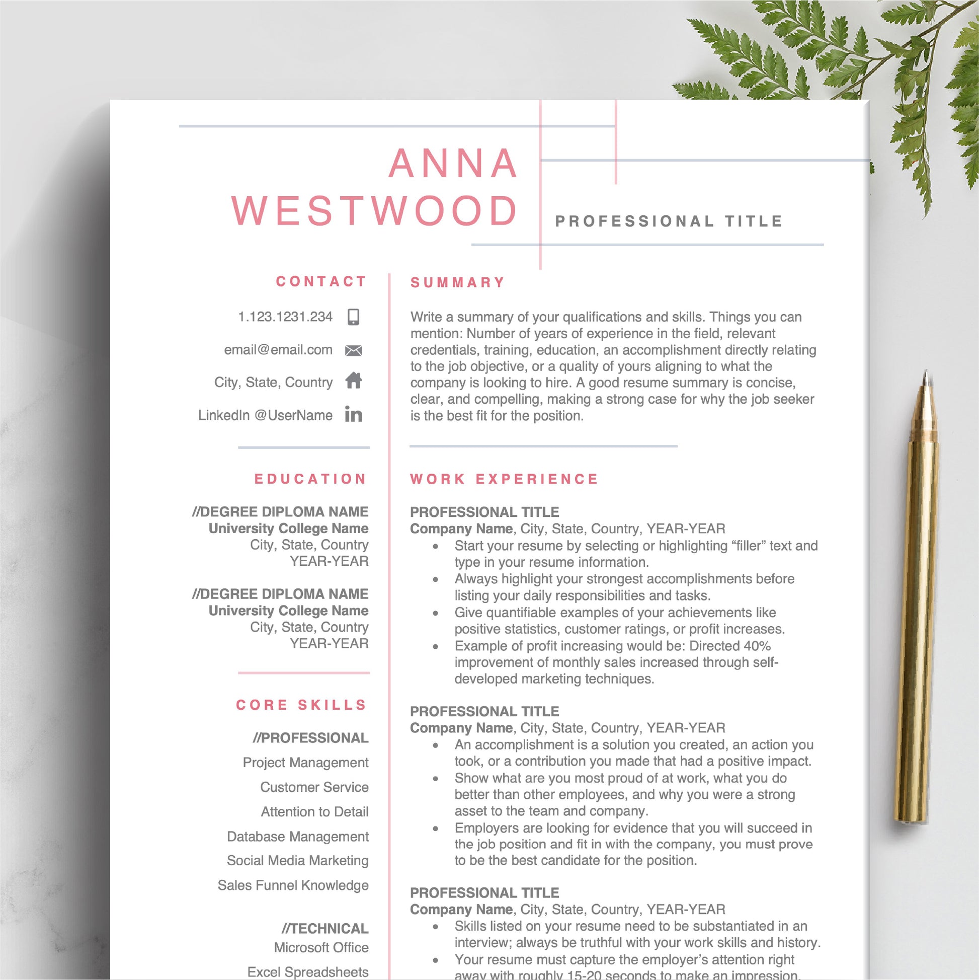 The Art of Resume | Professional Pink Resume Template Bundle