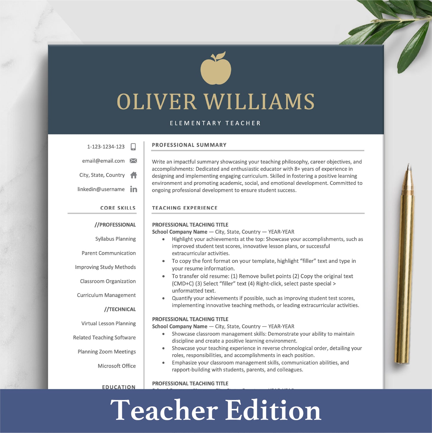 The Art of Resume | Navy Blue Teacher Teaching Resume CV Template