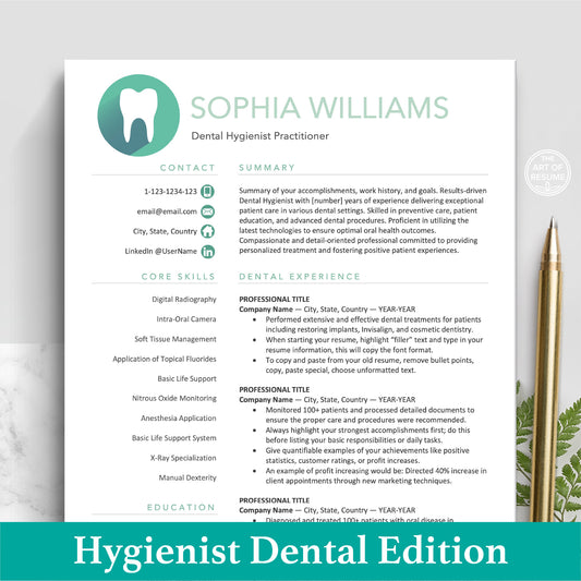 The Art of Resume | Dental Hygienist Dentist Resume CV Template Design Bundle Teal