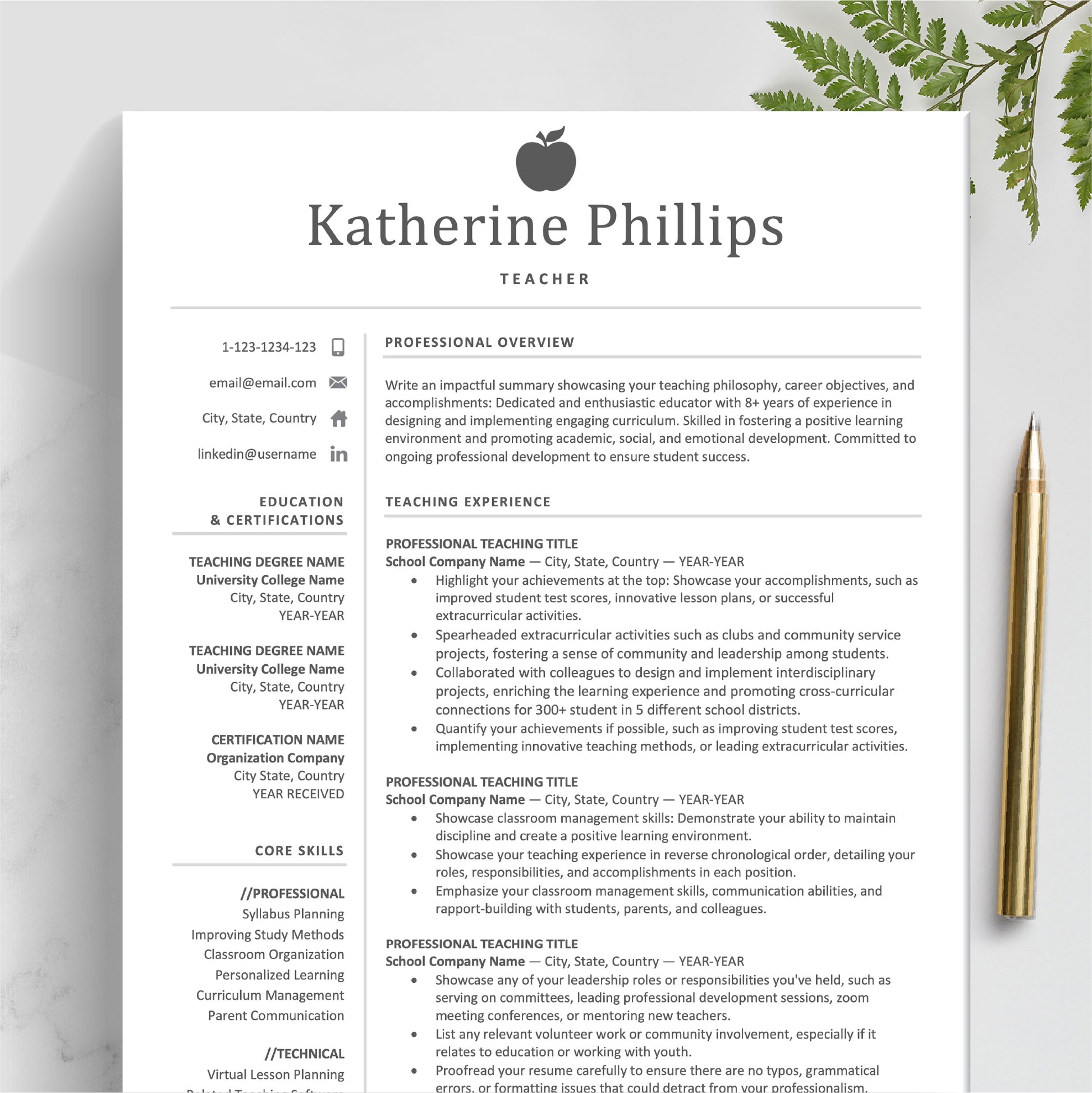 Teacher Resume Template | Teaching CV Template | Educator Resume - The Art of Resume