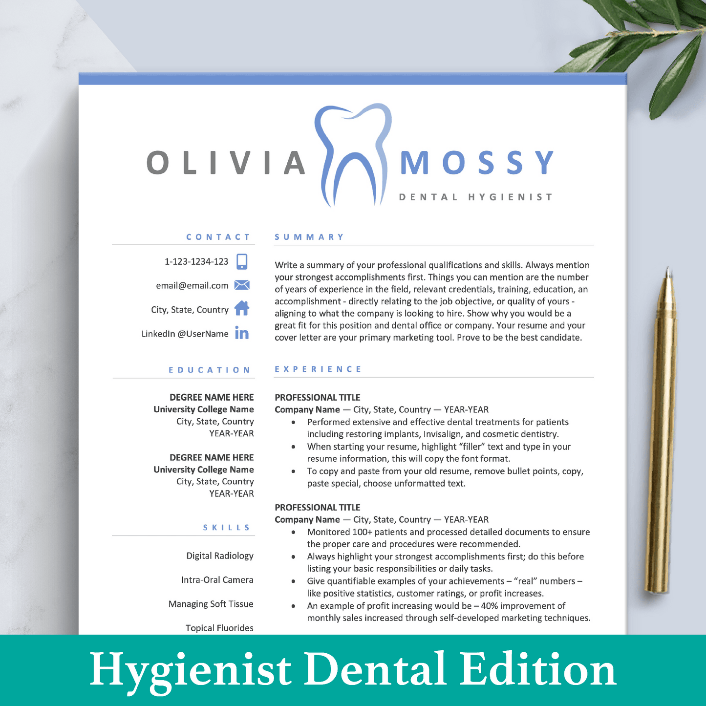 The Art of Resume Templates | Dentist, Hygienist, Dental Student, Assistant Resume CV Design Template Maker, Download for Apple Pages and Microsoft Word, Mac and PC Resume CV Template | Curriculum Vitae for Apple Pages, Microsoft Word, Mac, PC