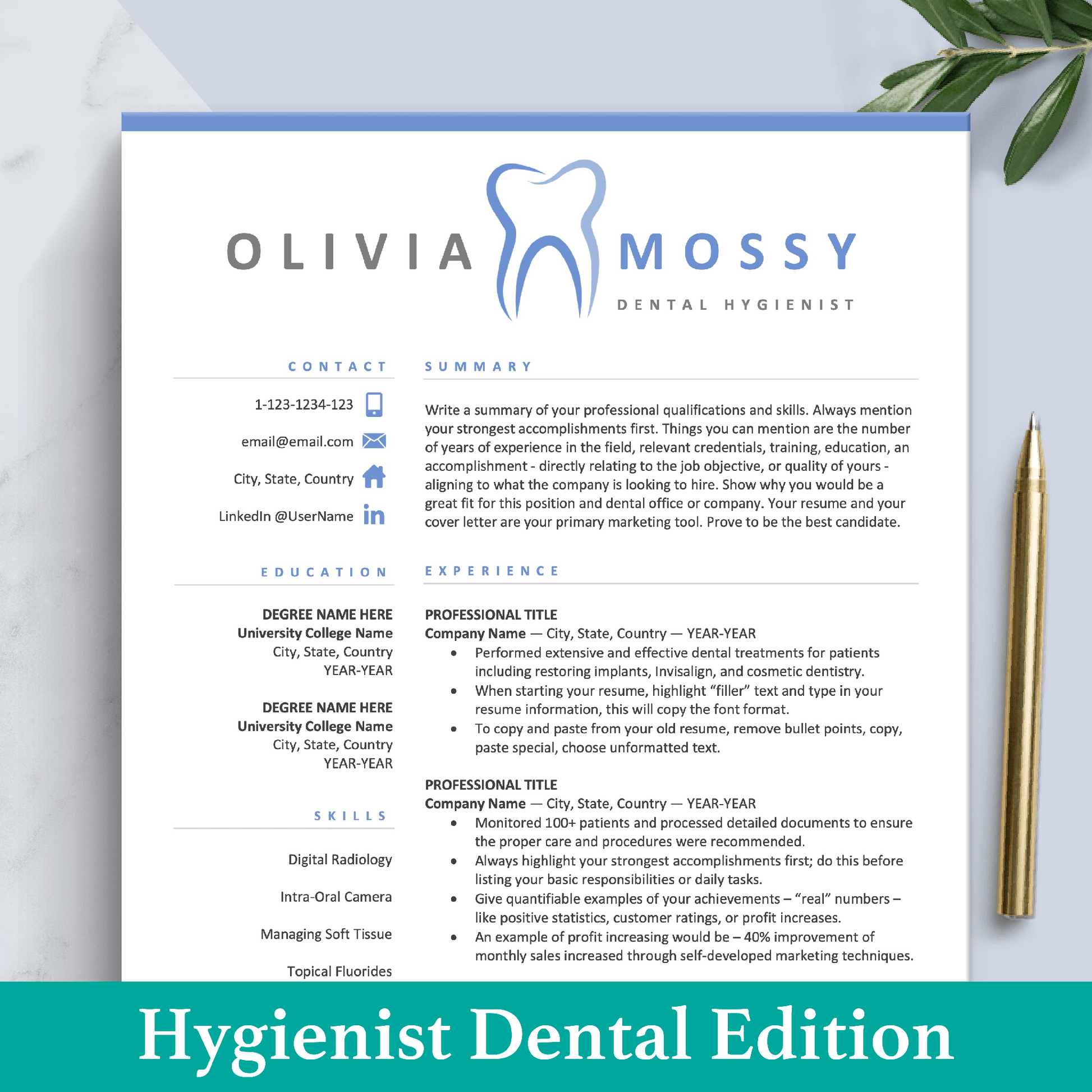 The Art of Resume Templates | Dentist, Hygienist, Dental Student, Assistant Resume CV Design Template Maker, Download for Apple Pages and Microsoft Word, Mac and PC Resume CV Template | Curriculum Vitae for Apple Pages, Microsoft Word, Mac, PC