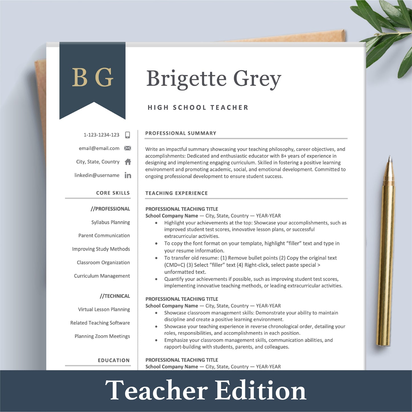 The Art of Resume Professional Navy Blue Teacher Resume Template Bundle